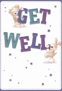 There's a gentle magic in this enchanting get well card, where a lovable teddy bear and a floppy-eared pup come together to send wishes of recovery and comfort. The bear is perched above, paws resting on the cheerful word 'GET' in bold, deep purple lettering, while the puppy nuzzles fondly against the vibrant 'WELL' below, both figures painted with expressive faces that communicate hope and affection. The card's clean white canvas acts as a stage for scattered stars in hues of navy, teal, and violet, evoking the quiet resilience found in the gardens and parks around Marks Gate. As a local florist creating arrangements for neighbours near Chadwell Heath or Rose Lane, I see parallels between this thoughtful illustration and the deliberate choice of every bloom meant to lift someone's spirits. The tactile softness of the animals' fur, the cheerful confidence of the typography, and the twinkling starbursts compose a visual melody of comfort and positivity. Sending this card-alone or alongside a fresh Marks Gate bouquet-delivers heartfelt reassurance to anyone on the mend.